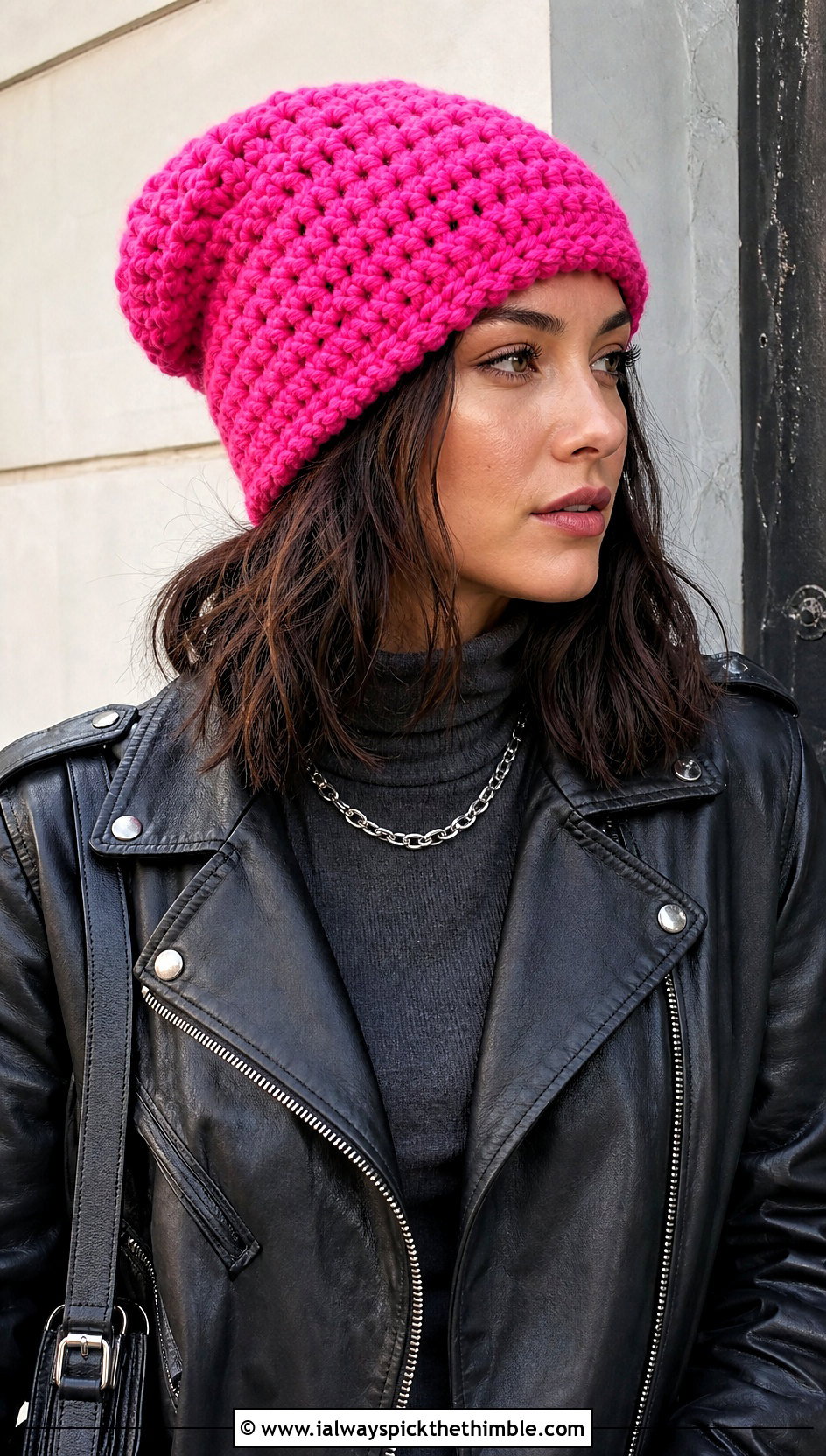 Slouchy Softee Chunky Crochet Beanie With Leather Jacket - 15 Softee Chunky Crochet Hat outfit ideas