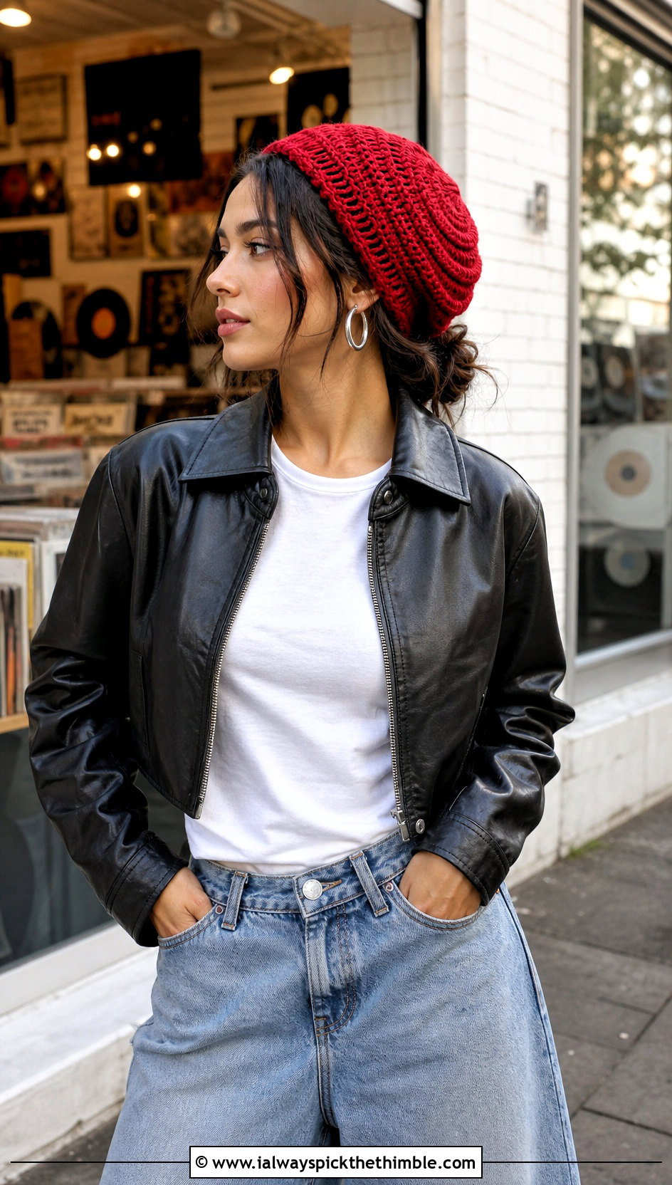 Slouchy Spiral Tam With Leather Jacket And Wide Leg Jeans - 15 crochet vintage swirl hat outfit ideas