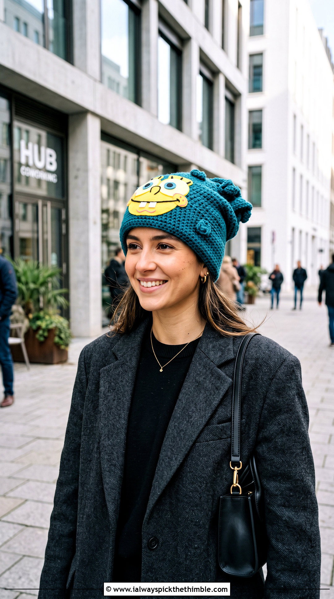 Slouchy SpongeBob Crochet Beanie With Oversized Blazer - 25 crochet spongebob hat outfit ideas