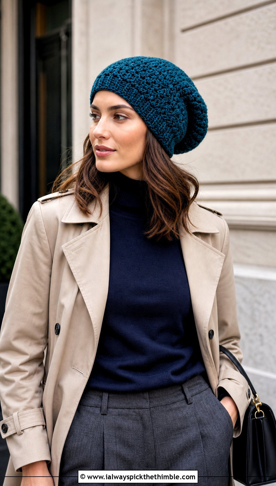 Slouchy Star Stitch Crochet Beanie With Trench Coat - 20 Star Stitch Crochet Beanie outfit ideas