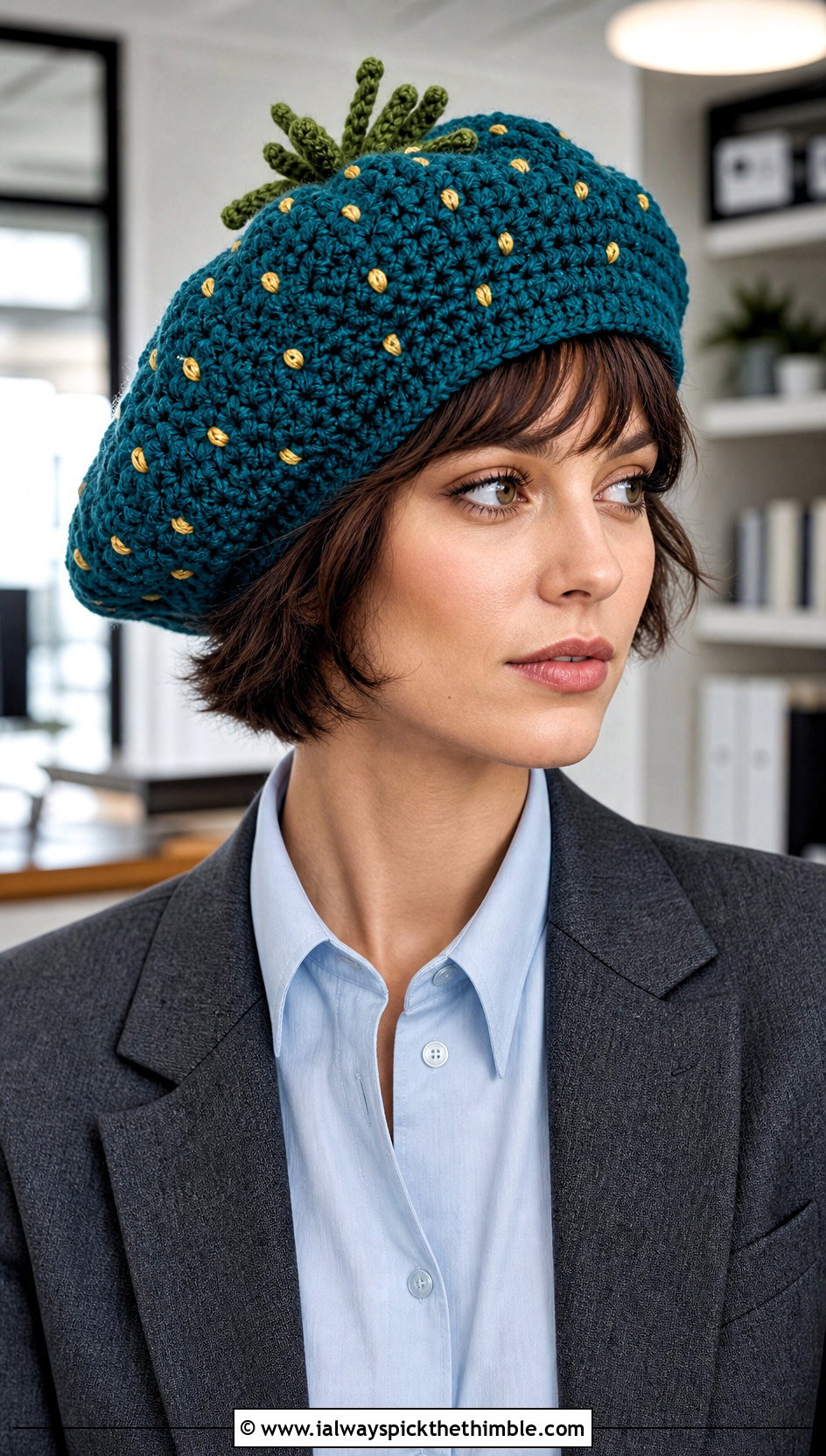 Slouchy Strawberry Crochet Beret With Blazer And Trousers - 20 strawberry crochet beret outfit ideas