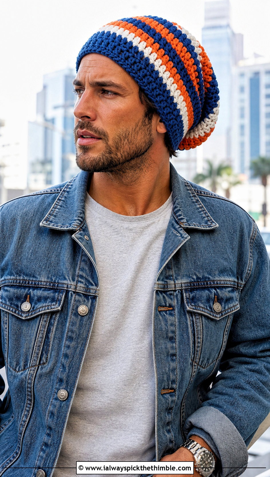 Slouchy Striped Crochet Beanie With Denim Jacket - 15 mens striped crochet beanie outfit ideas