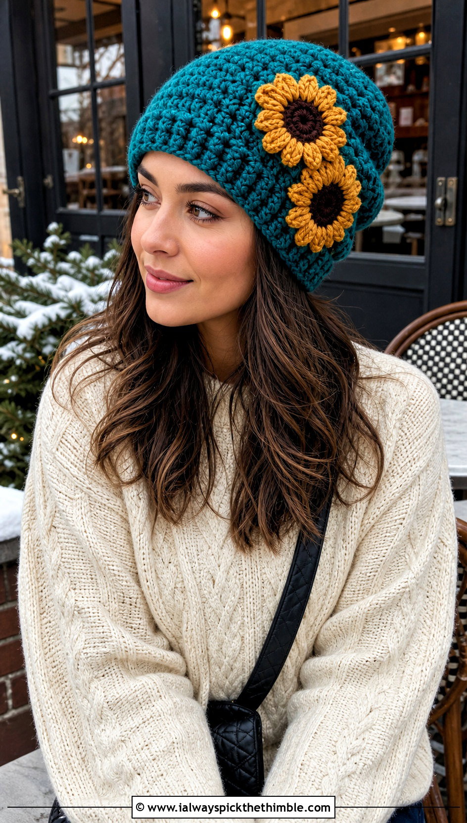 Slouchy Sunflower Beanie With Sweater And Leggings - 15 Handmade Crochet Sunflower Hat outfit ideas