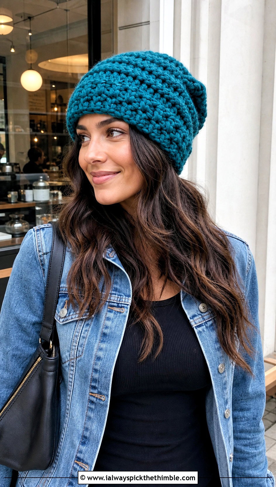 Slouchy Super Bulky Crochet Beanie With Denim Jacket - 15 Crochet Hat With Super Bulky Yarn outfit ideas