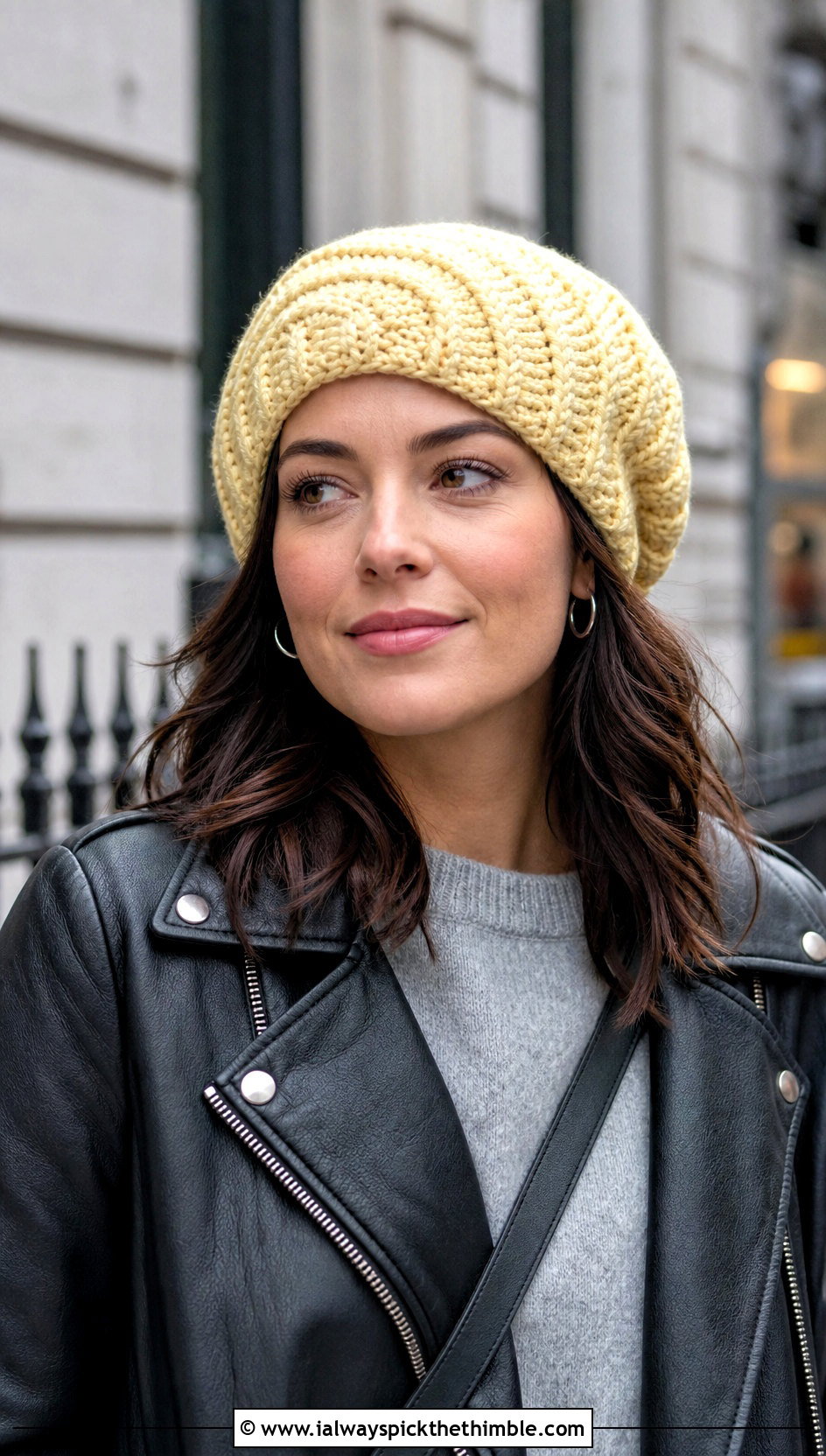 Slouchy Swirl Crochet Beanie With Leather Jacket And Jeans - 20 crochet swirl hat outfit ideas
