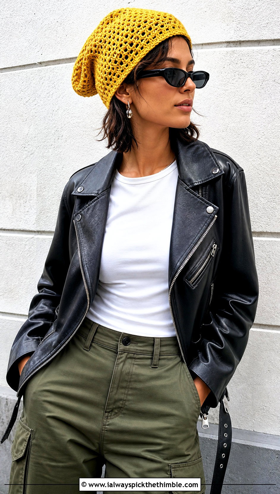 Slouchy Top Down Crochet Beanie With Leather Jacket And Cargo Pants - 25 top down crochet beanie outfit ideas