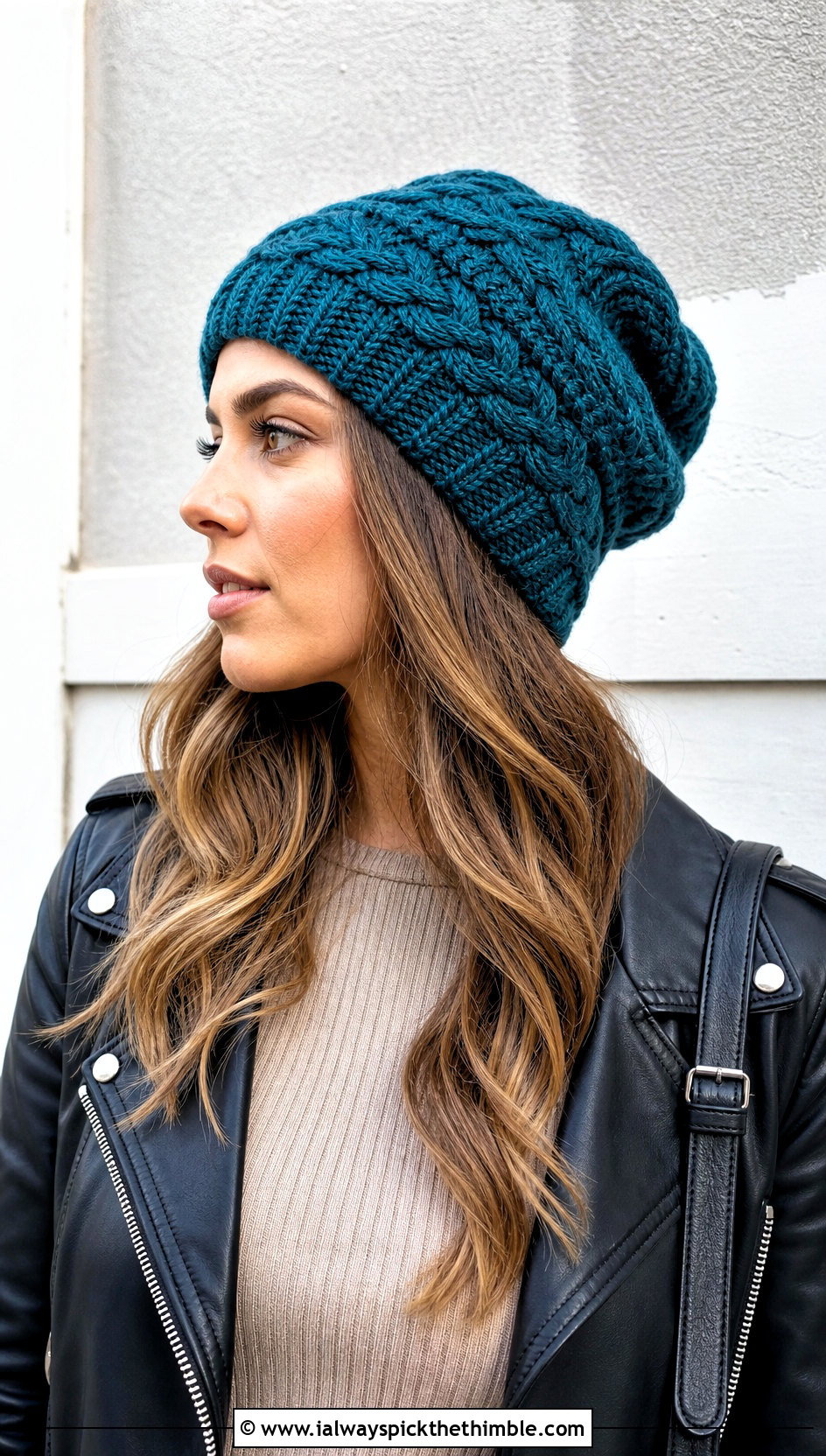 Slouchy Twisted Cable Crochet Beanie With Leather Jacket - 15 cabled crochet beanie design outfit ideas