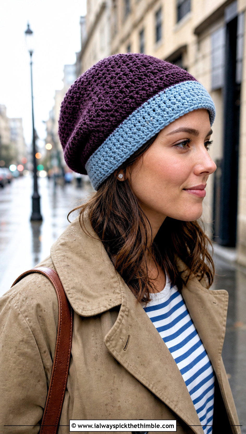 Slouchy Two Color Crochet Beanie With Trench Coat - 20 two color crochet beanie outfit ideas