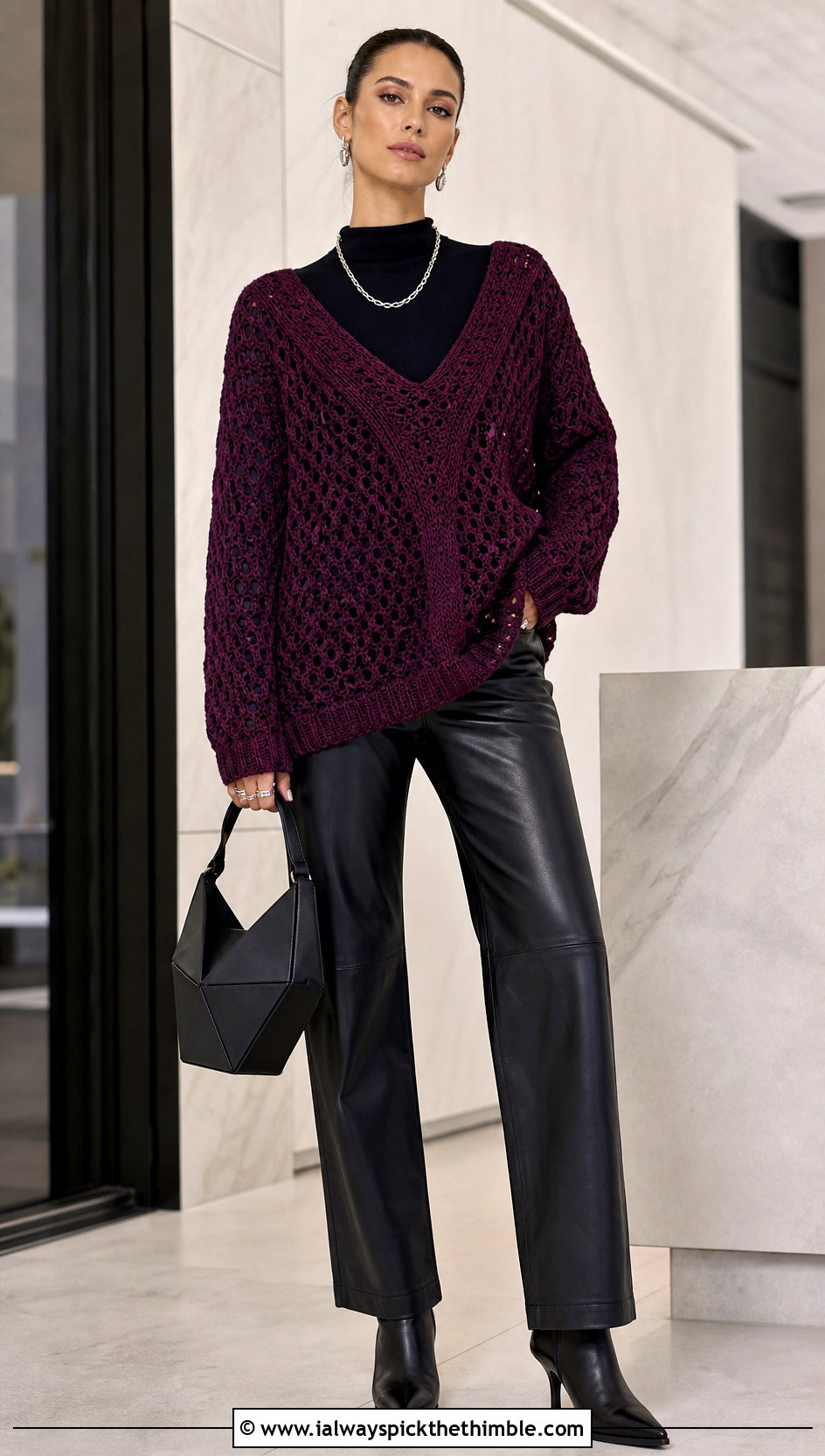 Slouchy V Neck Crochet Loose Sweater With Leather Pants - 25 crochet loose sweater outfit ideas