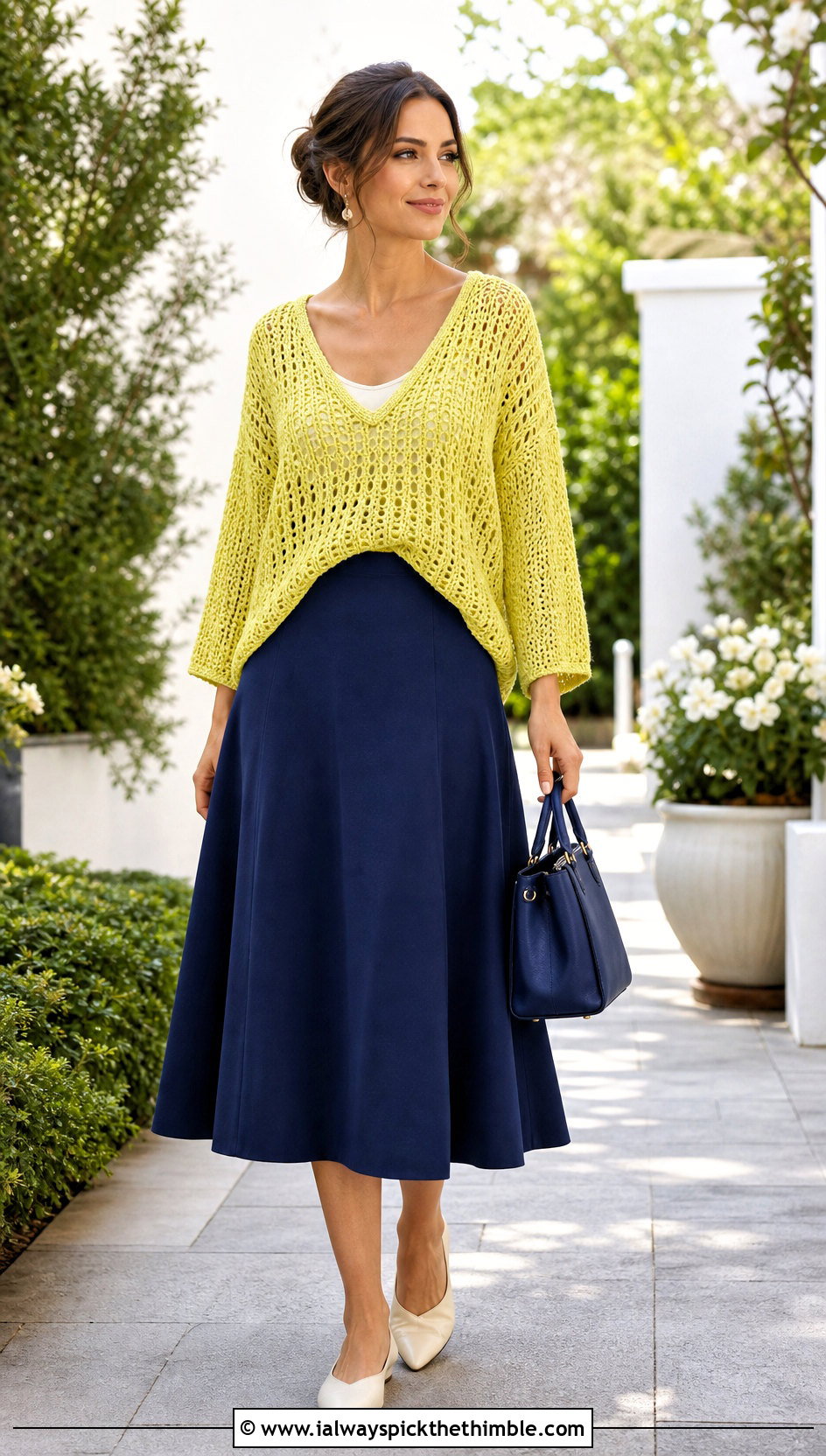 Slouchy V Neck Crochet Top With A Line Midi Skirt - 25 loose crochet top outfit ideas