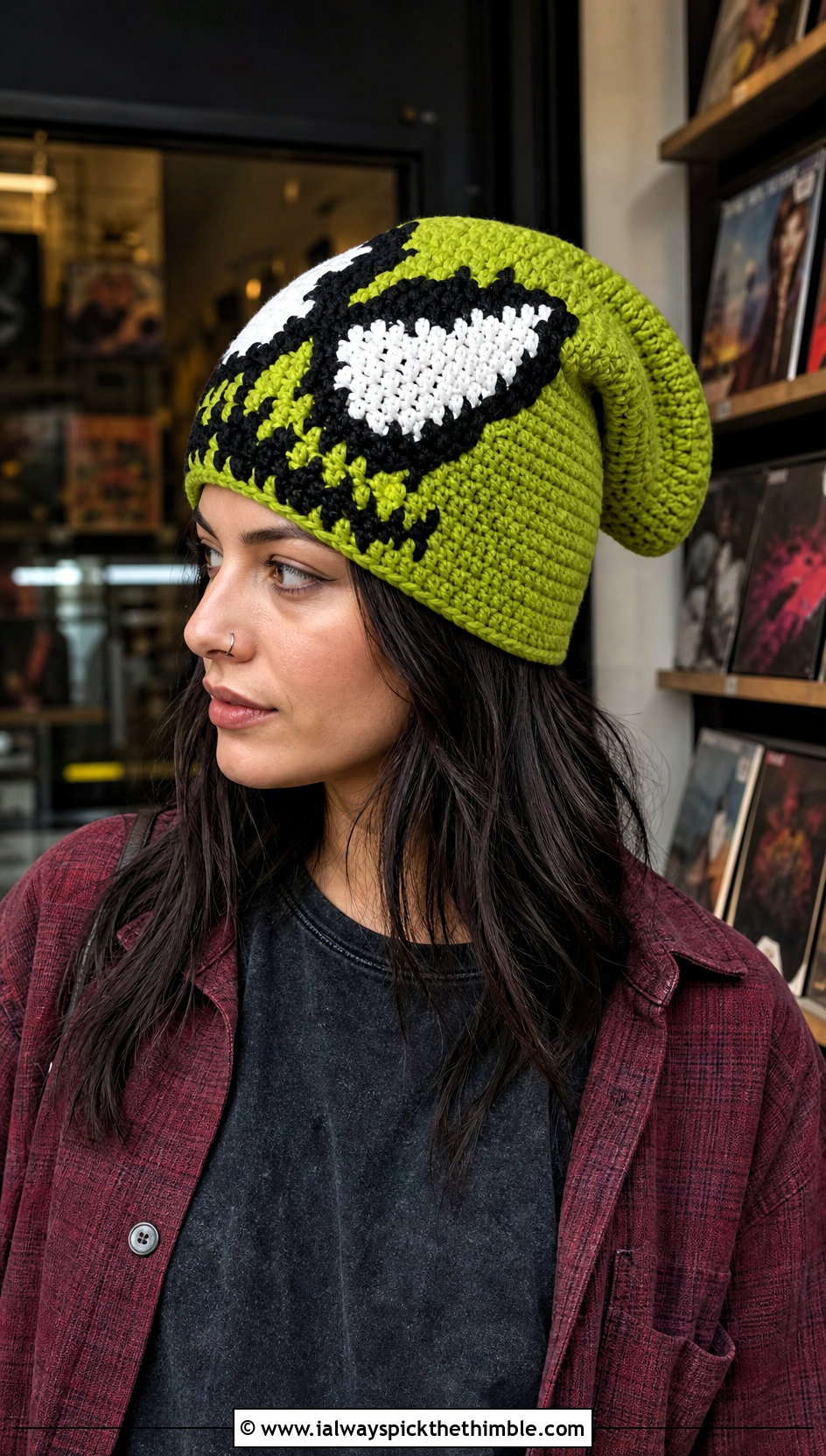 Slouchy Venom Crochet Beanie With Plaid Overshirt - 20 venom crochet beanie outfit ideas