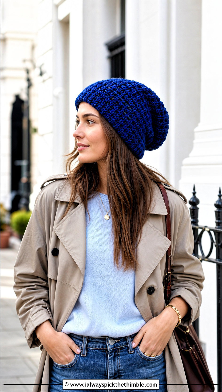 Slouchy Waffle Crochet Beanie With Trench Coat And Jeans - 20 waffle crochet beanie outfit ideas