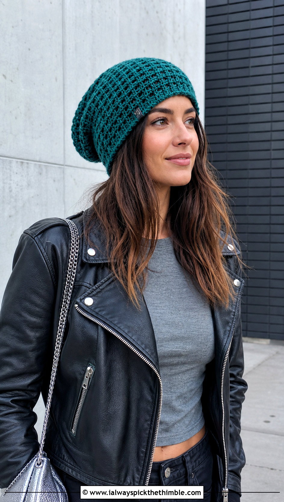 Slouchy Waffle Crochet Hat With Leather Jacket - 20 Waffle Crochet Hat outfit ideas