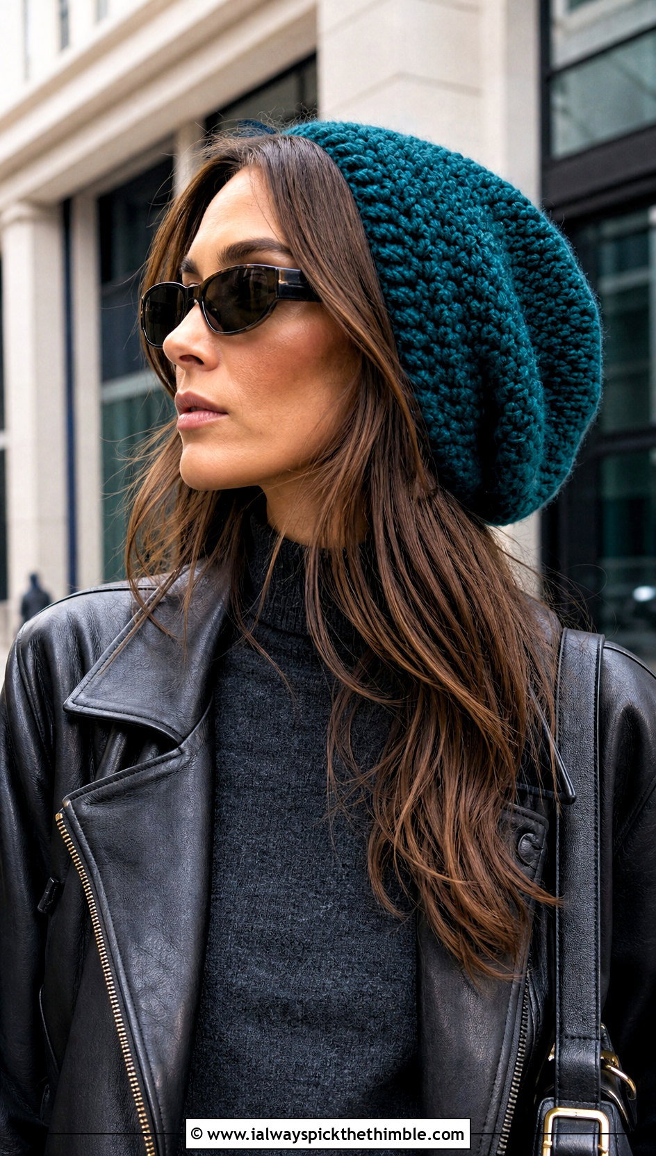 Slouchy Wool Ease Crochet Beanie With Leather Jacket - 20 Wool Ease Crochet Hat outfit ideas