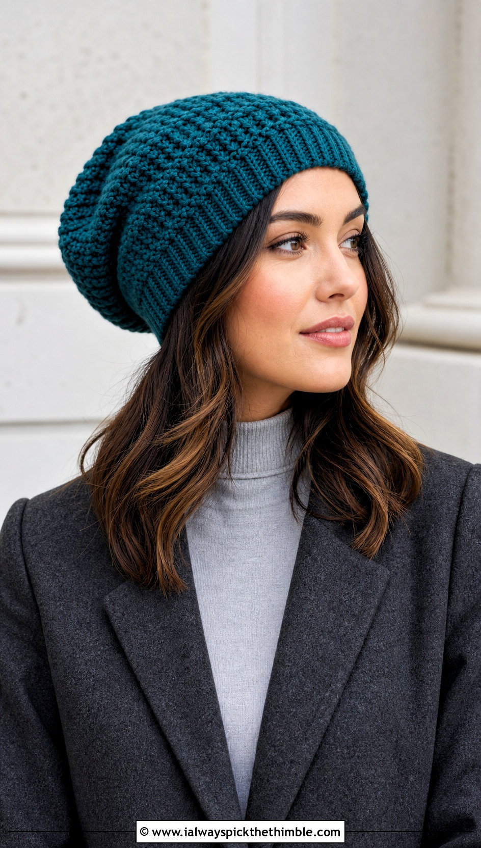 Slouchy Worsted Crochet Beanie With Tailored Coat - 15 Worsted Crochet Beanie outfit ideas