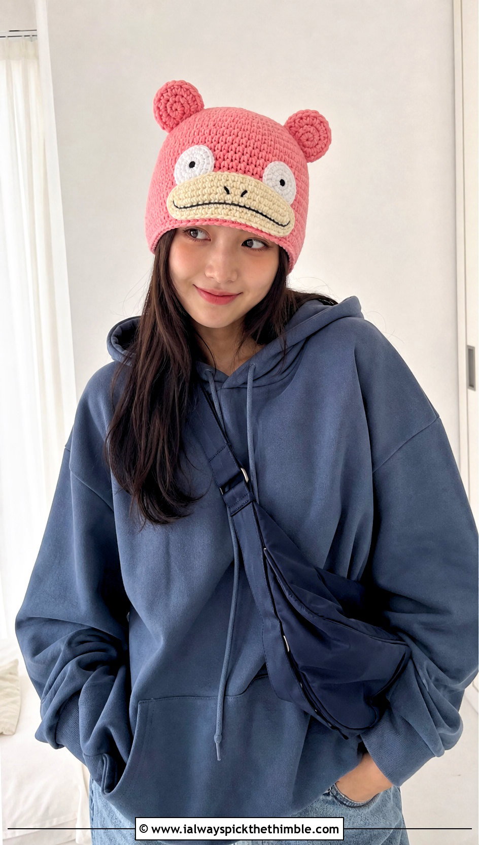Slowpoke Face Beanie With Hoodie And Wide Leg Jeans - 20 crochet pokemon beanie outfit ideas