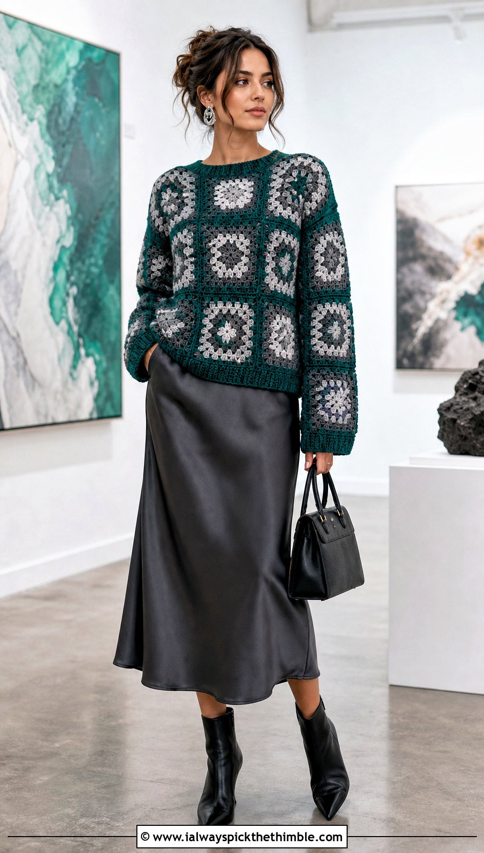 Slytherin Granny Square Crochet Sweater With Satin Skirt - 20 Harry Potter Crochet Sweater outfit ideas