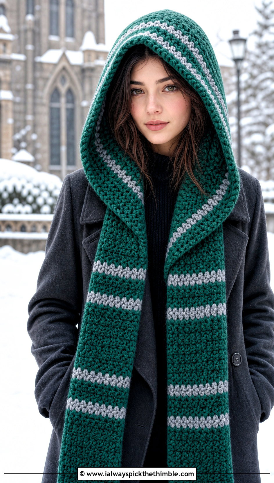 Slytherin Hooded Crochet Hogwarts Scarf With Wool Coat - 20 crochet hogwarts scarf outfit ideas