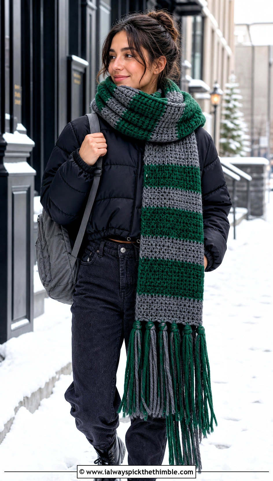 Slytherin Oversized Crochet Harry Potter Scarf With Puffer Jacket - 25 crochet harry potter scarf outfit ideas