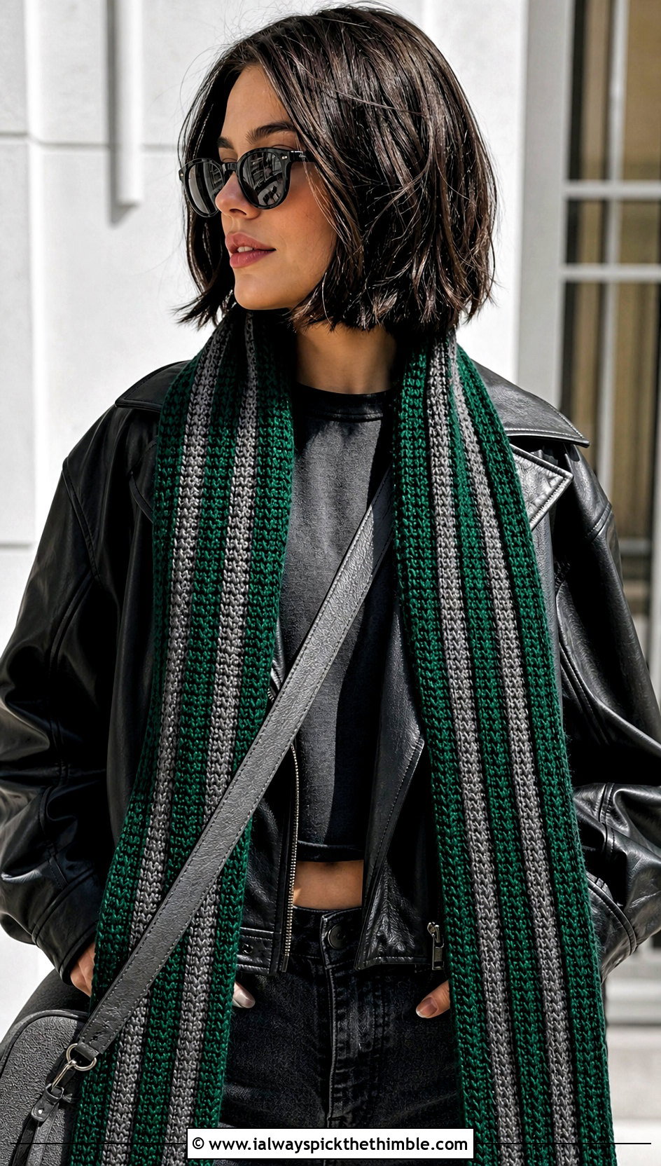 Slytherin Ribbed Crochet Hogwarts Scarf With Leather Jacket - 20 crochet hogwarts scarf outfit ideas