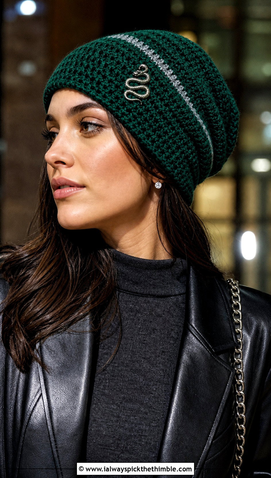 Slytherin Slouchy Crochet Beanie With Leather Blazer - 15 harry potter crochet hat outfit ideas