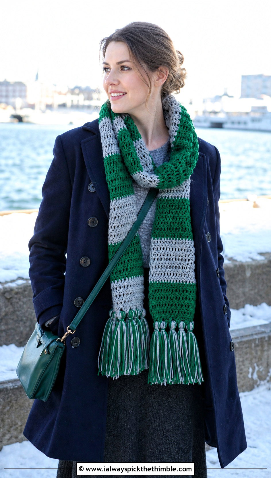 Slytherin Tasseled Crochet Harry Potter Scarf With Pea Coat - 25 crochet harry potter scarf outfit ideas