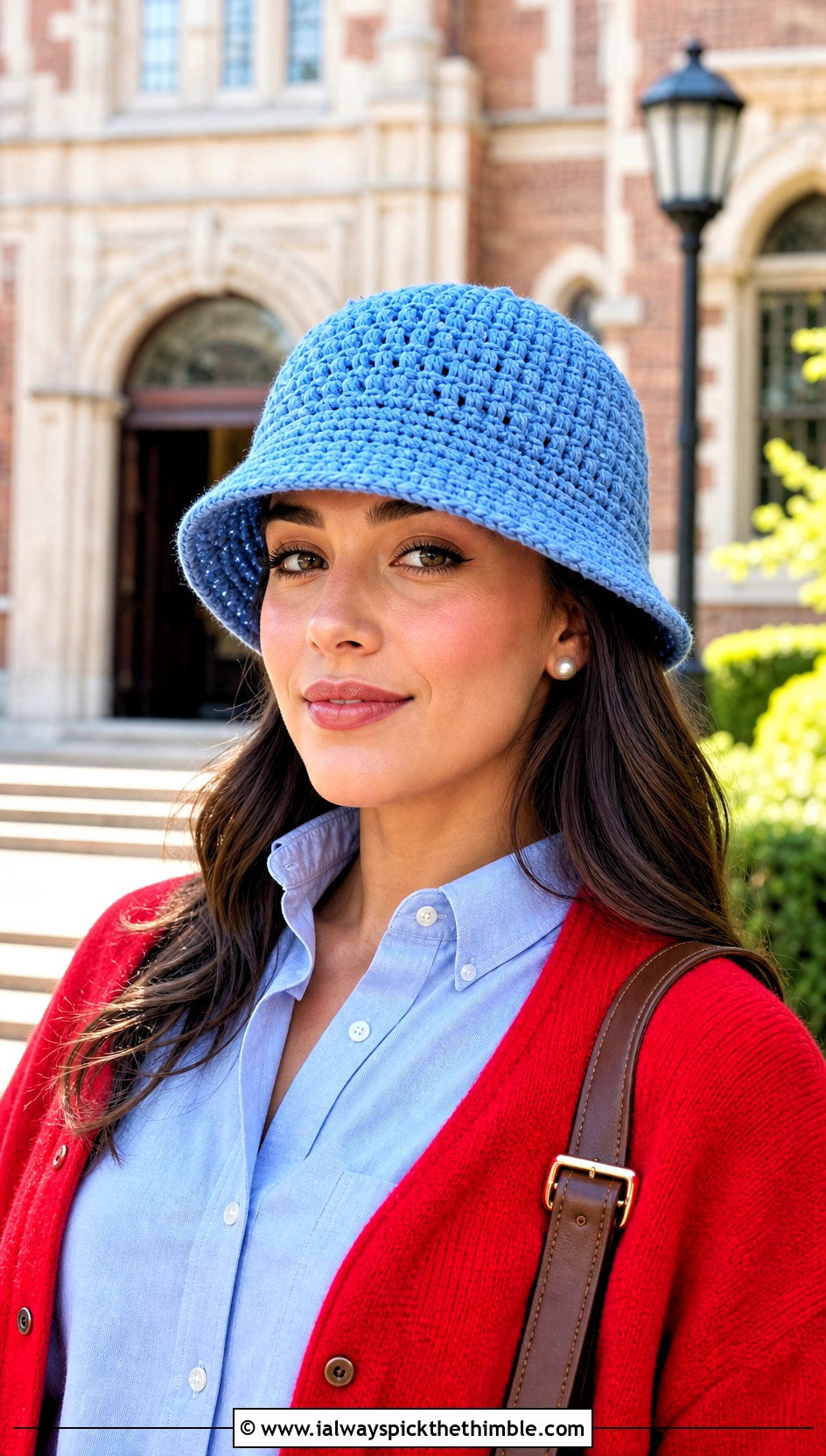 Small Basketweave Crochet Bucket Hat With Preppy Separates - 15 small crochet bucket hat outfit ideas