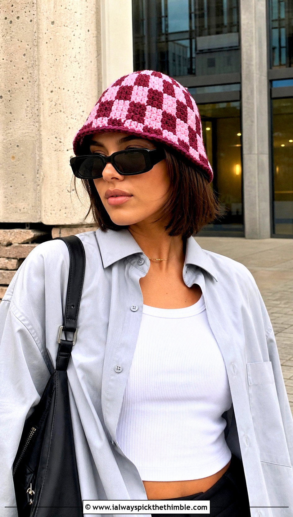 Small Checkerboard Crochet Bucket Hat With Cargo Pants - 15 small crochet bucket hat outfit ideas