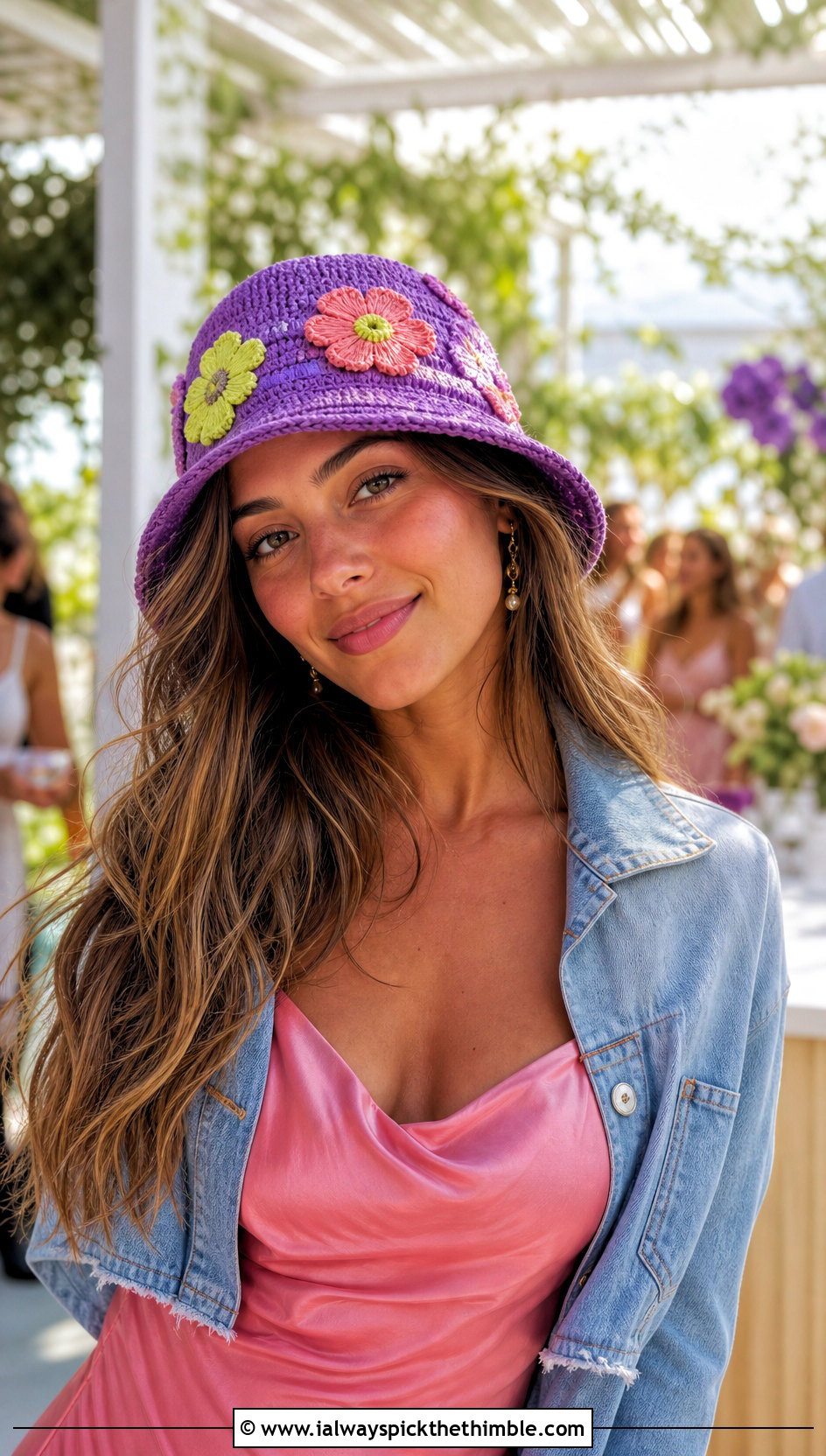 Small Floral Applique Crochet Bucket Hat With Slip Dress - 15 small crochet bucket hat outfit ideas