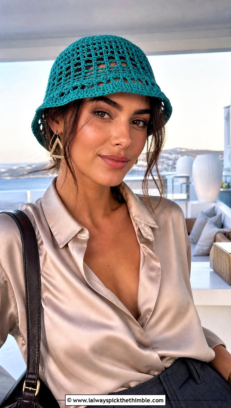 Small Openwork Crochet Bucket Hat With Satin Blouse - 15 small crochet bucket hat outfit ideas