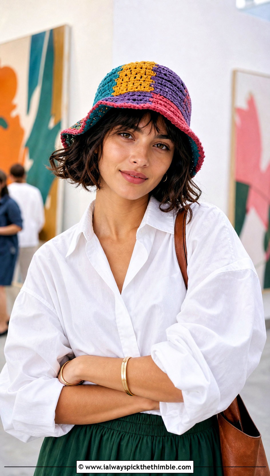 Small Patchwork Crochet Bucket Hat With Maxi Skirt - 15 small crochet bucket hat outfit ideas