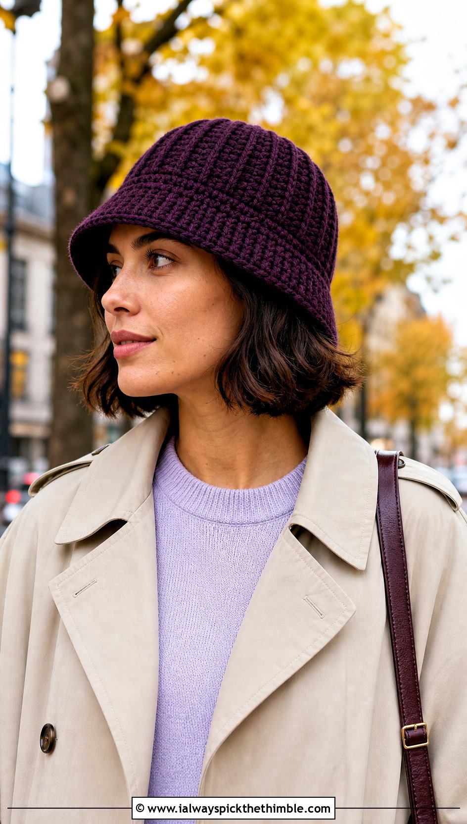 Small Ribbed Crochet Bucket Hat With Trench Coat - 15 small crochet bucket hat outfit ideas