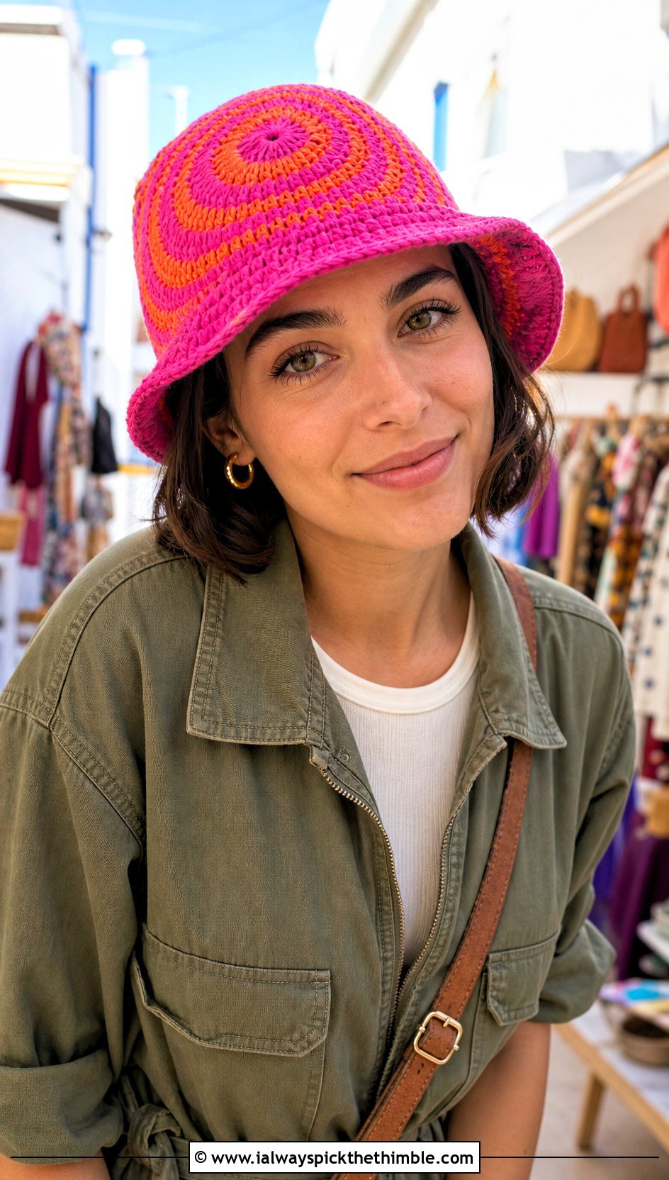 Small Spiral Crochet Bucket Hat With Utility Jumpsuit - 15 small crochet bucket hat outfit ideas