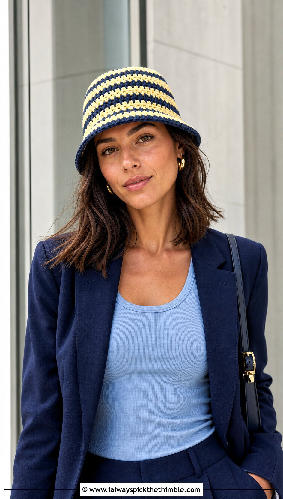 Small Striped Crochet Bucket Hat With Blazer And Trousers - 15 small crochet bucket hat outfit ideas