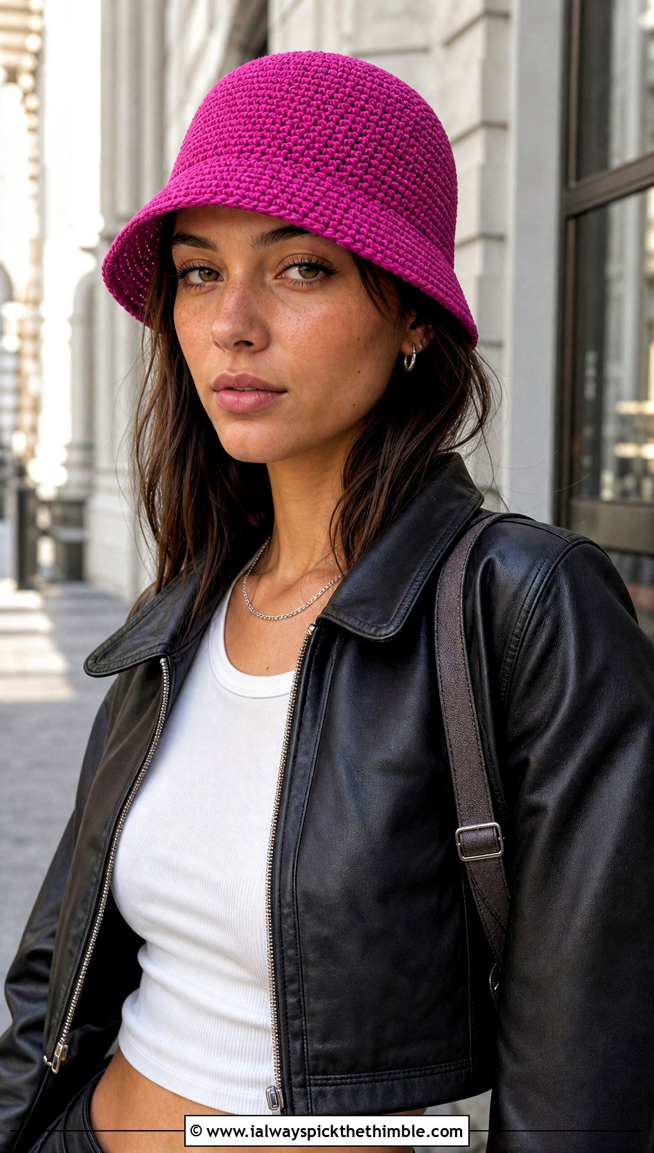 Small Tight Stitch Crochet Bucket Hat With Leather Jacket - 15 small crochet bucket hat outfit ideas