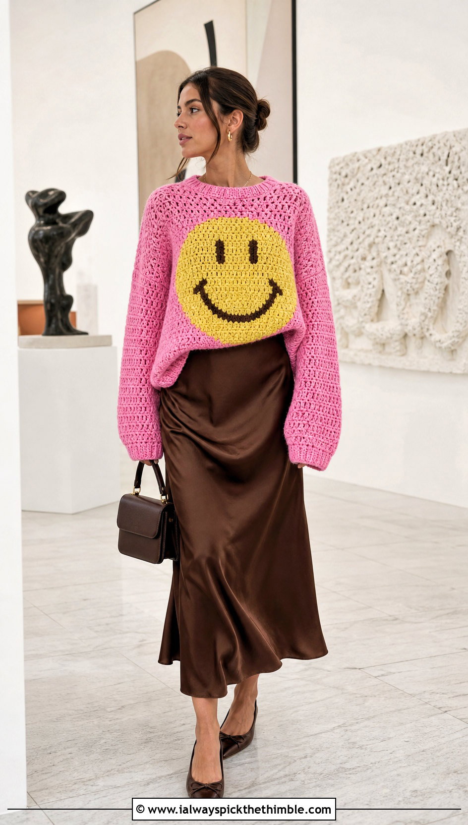 Smiley Face Crochet Sweater With Satin Skirt - 20 Funny Crochet Clothes and outfit ideas