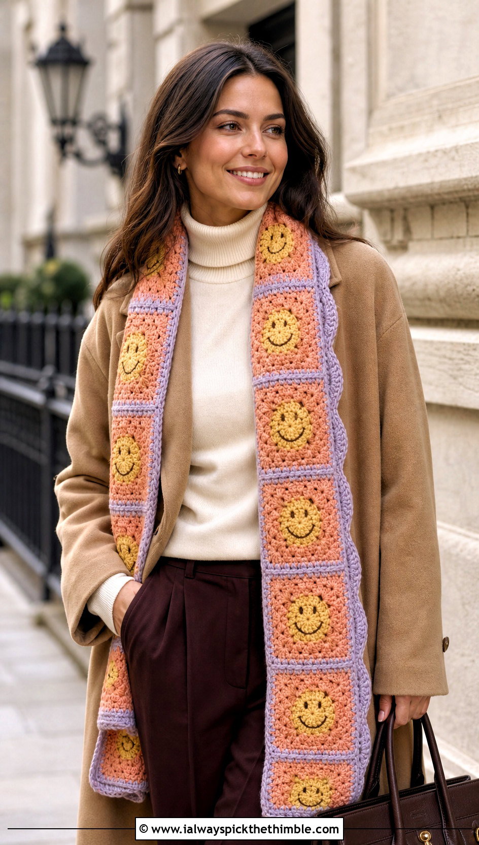 Smiley Granny Square Crochet Scarf With Wool Coat - 15 Funny Crochet Scarf outfit ideas