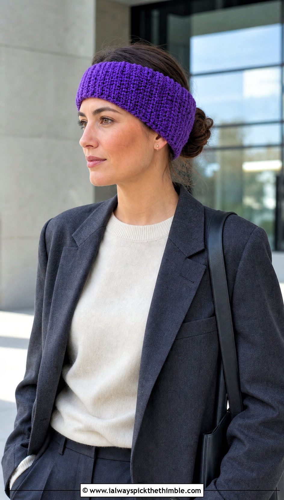 Smock Stitch Ear Warmer With Blazer And Trousers - 20 Tunisian Crochet Ear Warmer outfit ideas