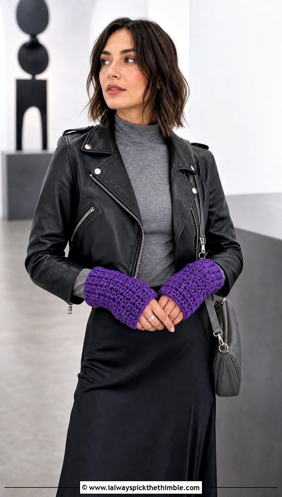 Smock Stitch Tunisian Crochet Wrist Warmers With Leather Jacket - 15 Tunisian Crochet Wrist Warmers outfit ideas