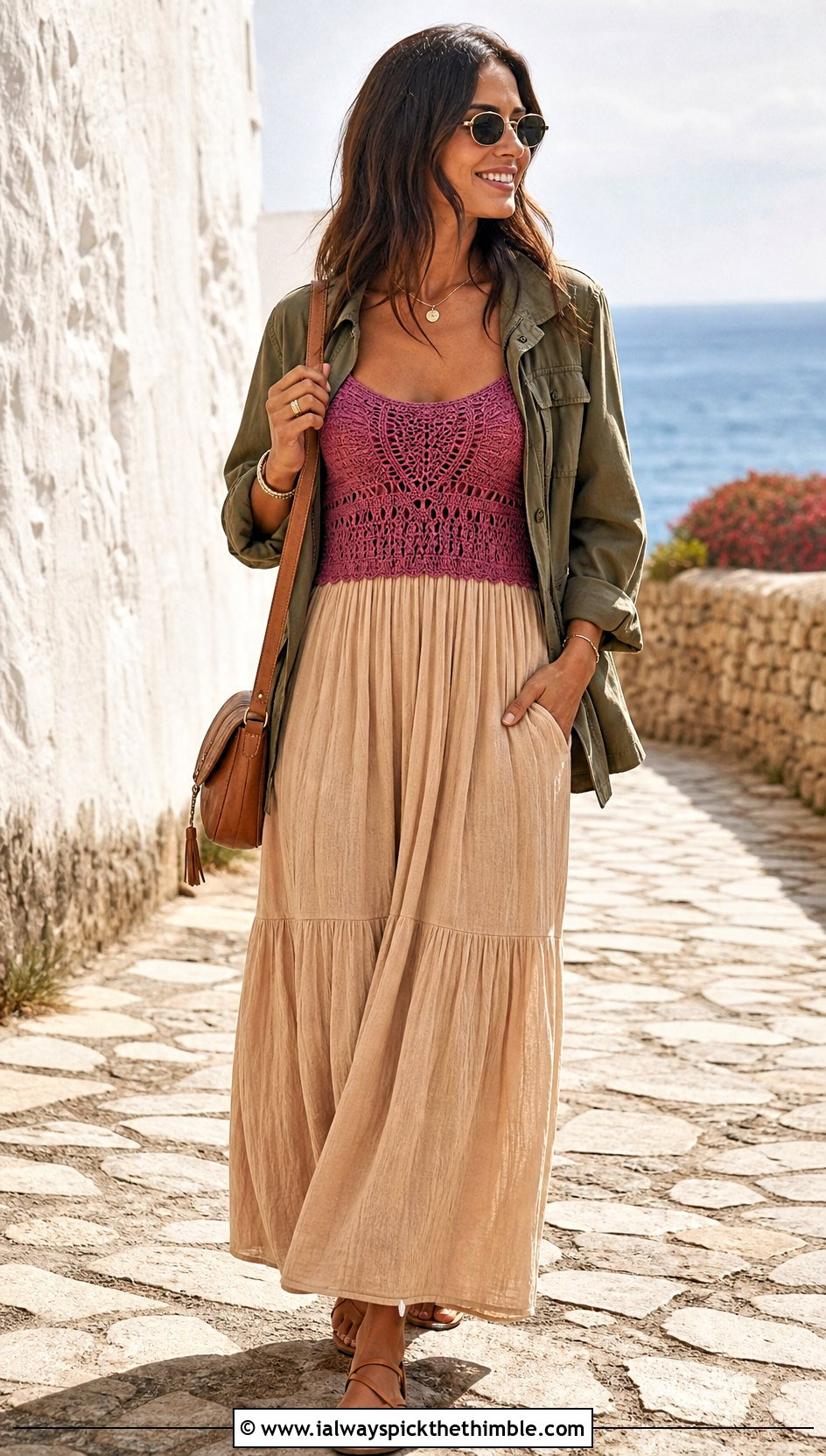 Smocked Back Crochet Bodice Dress With Utility Jacket - 20 crochet bodice dress outfit ideas