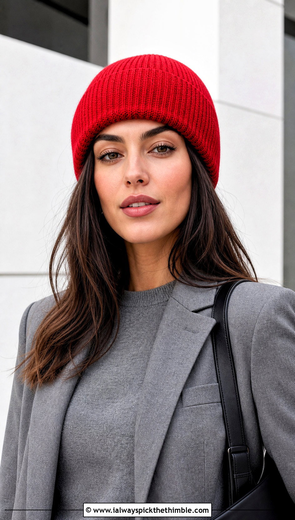 Smooth Crown Crochet Ribbed Beanie With Monochrome Suit - 20 easy crochet ribbed beanie outfit ideas