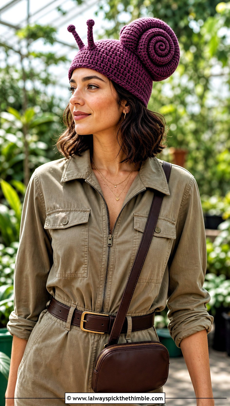 Snail Shell Crochet Hat With Utility Jumpsuit - 20 Weird Crochet Hat outfit ideas