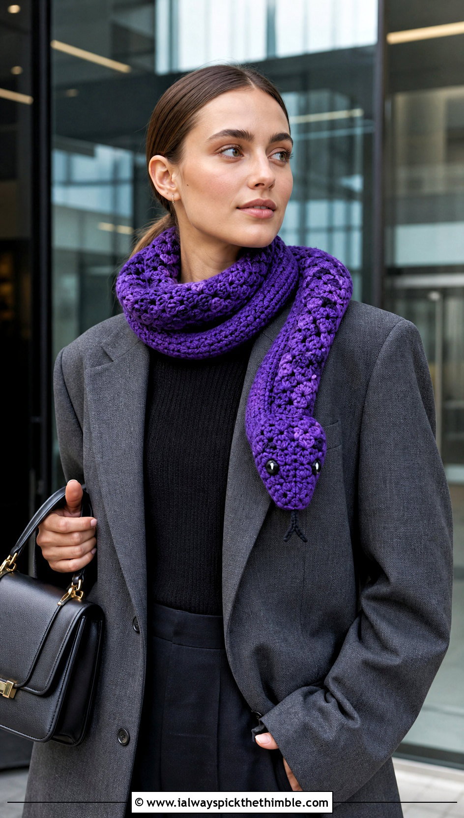 Snake Crochet Scarf With Blazer Outfit - 15 Funny Crochet Scarves outfit ideas