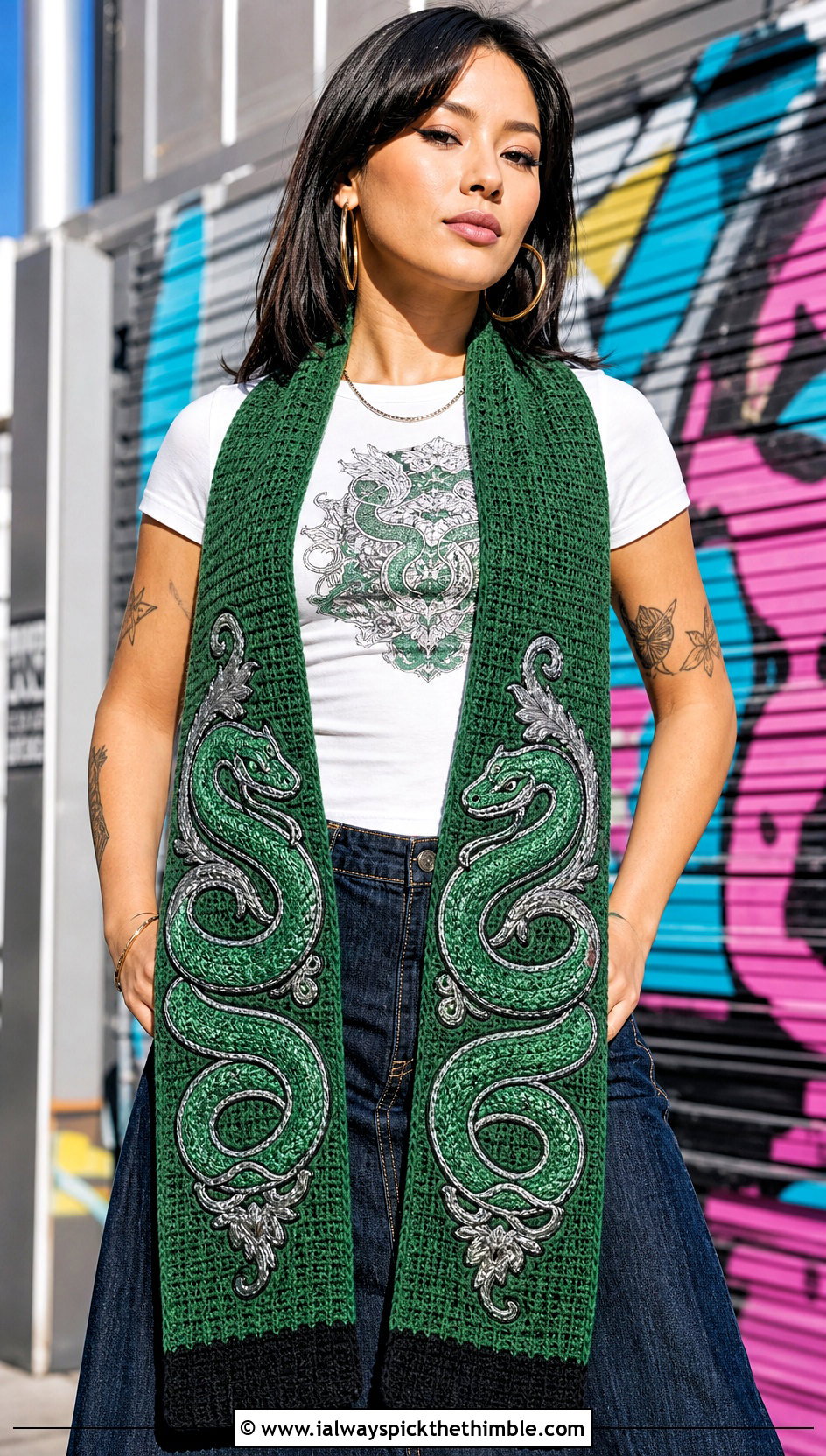 Snake Motif Slytherin Crochet Scarf With Denim Maxi Skirt - 20 slytherin crochet scarf outfit ideas