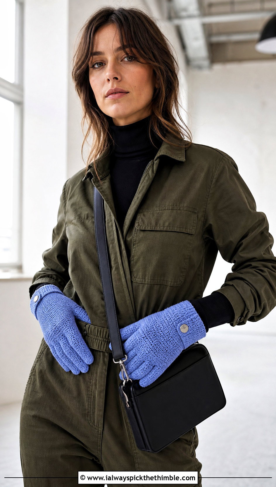 Snap Flap Crochet Gloves With Utility Jumpsuit - 20 crochet fingerless gloves with flap outfit ideas