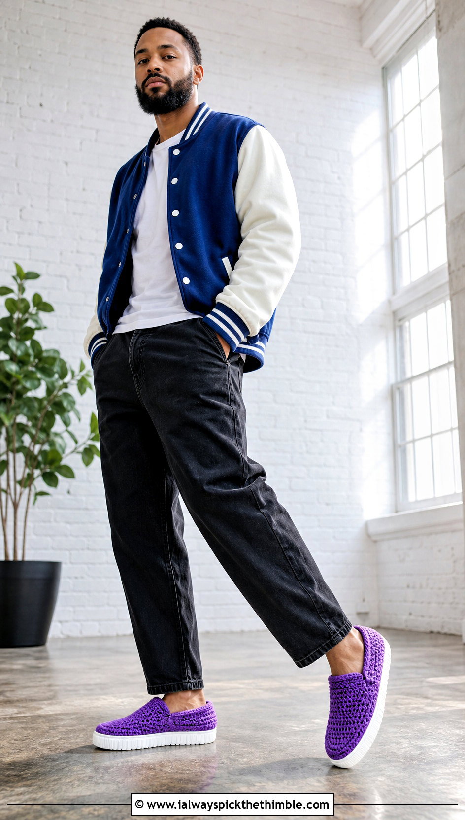 Sneaker Sole Crochet Slippers With Jeans And Varsity Jacket - 15 Easy Crochet Mens Slippers outfit ideas