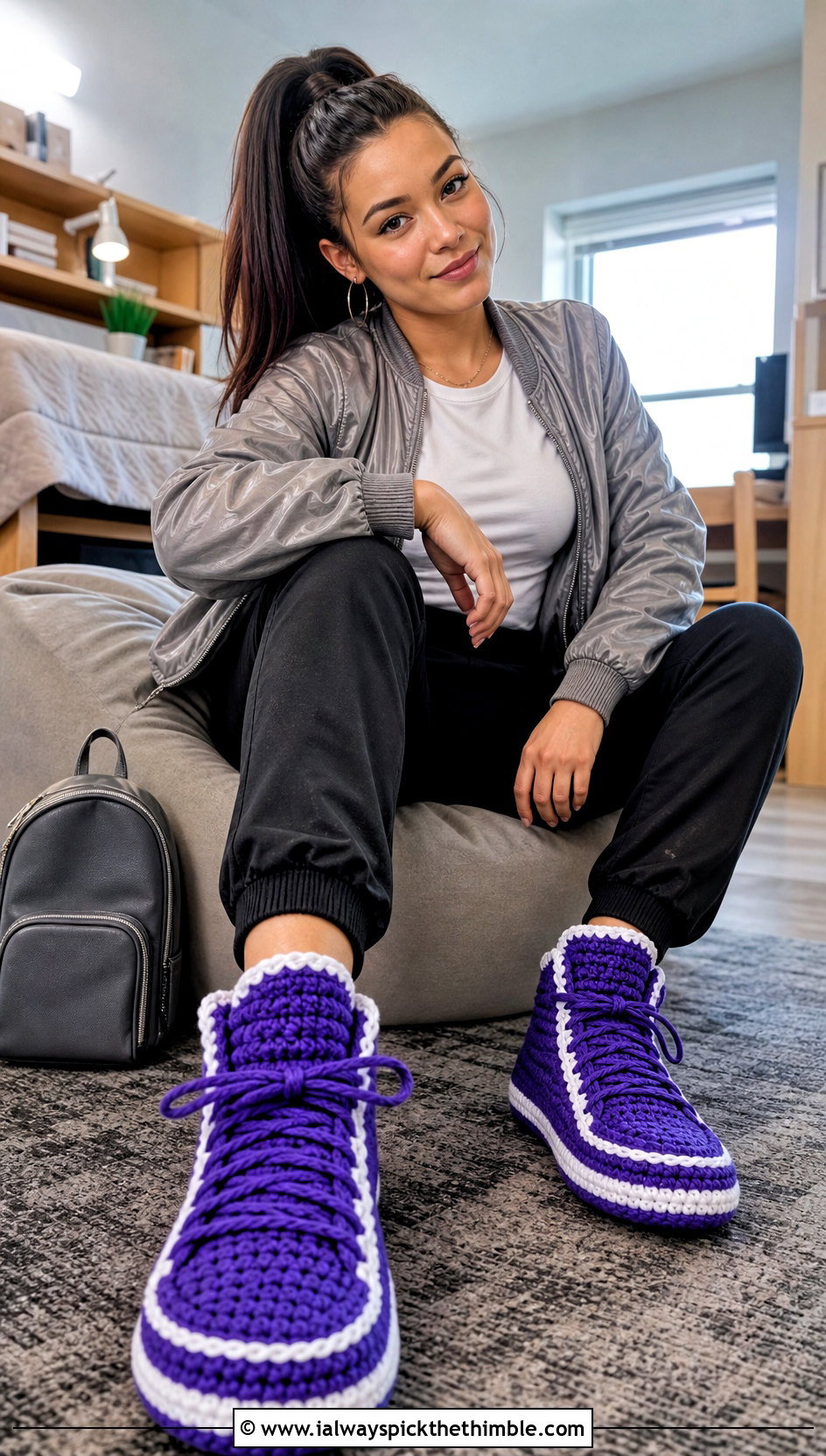 Sneaker Style Crochet Slippers With Joggers And Bomber Jacket - 25 crochet slipper outfit ideas