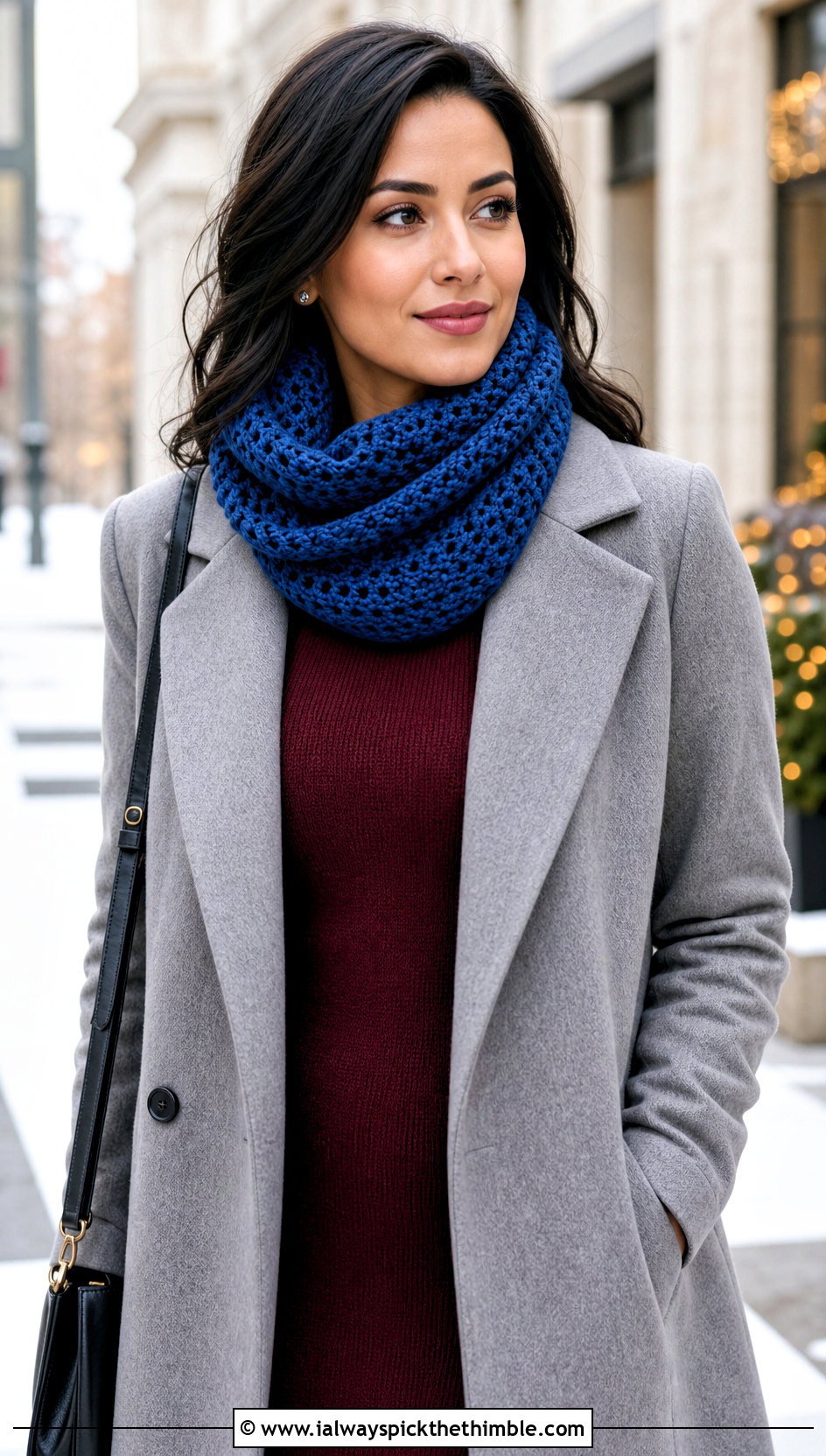 Snood Crochet Scarf With Wool Coat - 20 Multifunctional Crochet Scarf outfit ideas