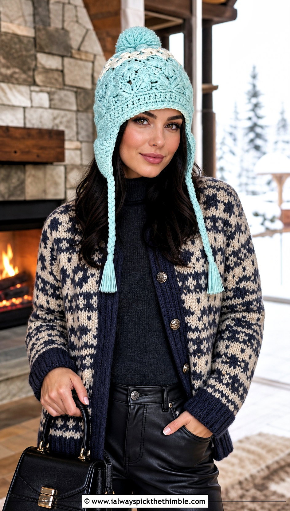 Snow Country Crochet Ski Hat With Fair Isle Cardigan And Leather Pants - 15 snow country crochet ski hat outfit ideas
