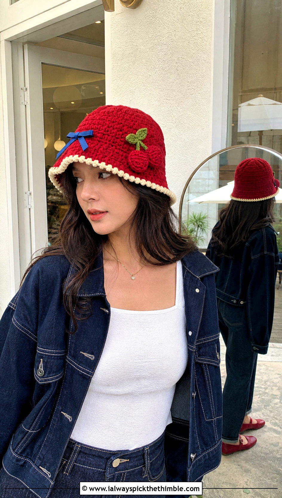 Snow White Apple Bucket Hat With Retro Jeans - 20 disney crochet hat outfit ideas